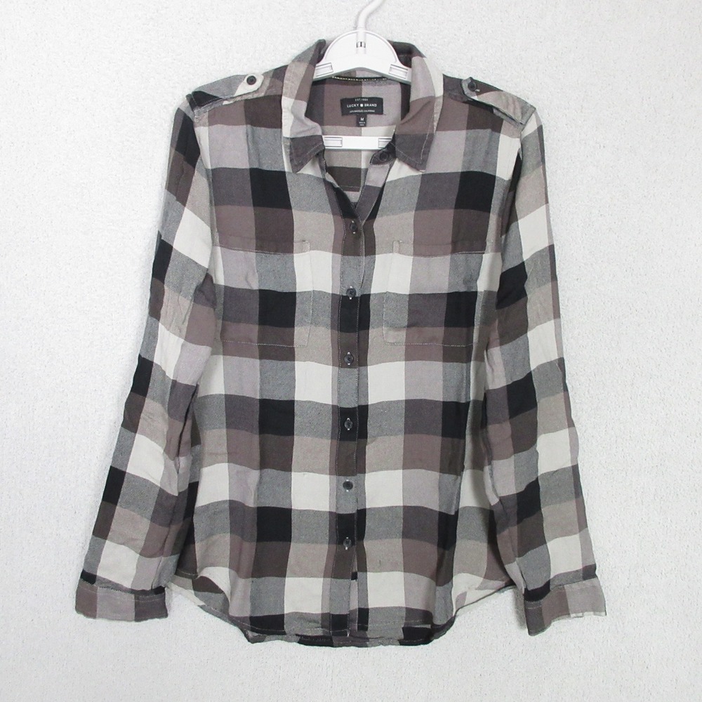 Lucky Brand Flannel Shirt Plaid Button Up Women M Grey Black Buffalo Check